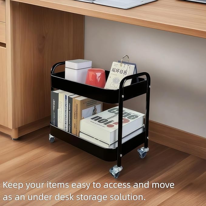 LIWNYRK 2 Tier Rolling Cart with Wheels for Under Desk Storage & Pantry Room, Large Capacity Laundry Room & Makeup Organizer, Sturdy Kitchen Utility Cart for Small Space with 4 Hooks, Black