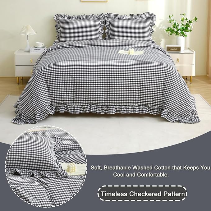 Silnuo Black/White Checkered Ruffle 3-Piece Duvet Cover Set Full Size, Washed - Image 4