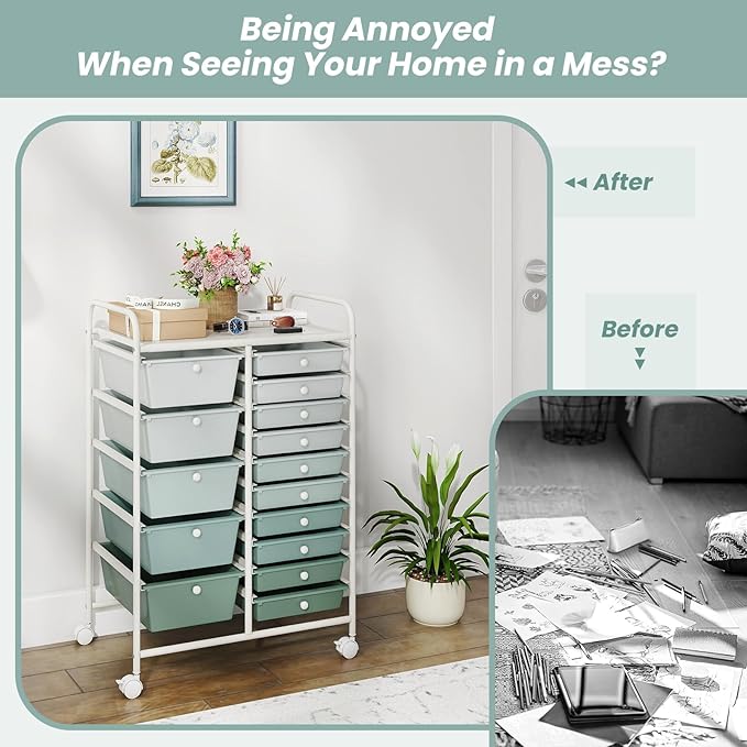 GOFLAME 15-Drawer Rolling Storage Cart, Craft Storage Cart with Removable Drawers & Lockable Wheels, Art Cart Supply Storage Organizer for Home Office Classroom, Green Gradient