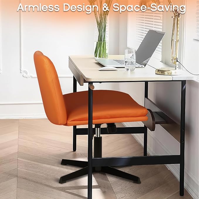 PUKAMI Criss Cross Legged Office Chair,Armless Office Desk Chair No Wheels,PU Leather Modern Swivel Vanity Chair,Height Adjustable Wide Seat Mid Back Computer Task Chair for Home Office