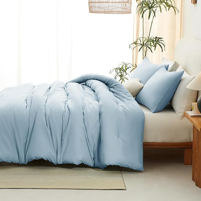 CozyLux Queen Comforter Set Light Blue, 3 Pieces Solid Comforters Queen Size - Image 8