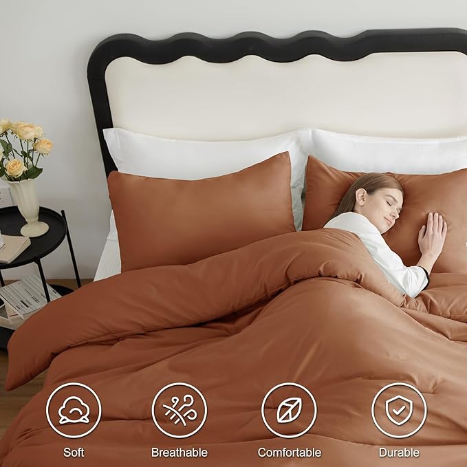 CozyLux Full Size Comforter Set Pumpkin, 3 Pieces Solid Breathable Quilted - Image 5