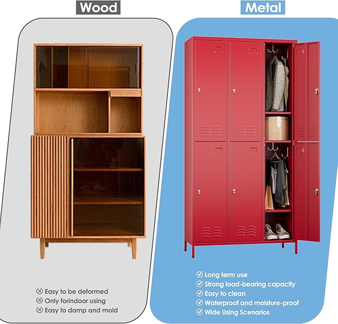 SUPEER 6 Doors Metal Locker Employee with Business Card Holder and 18 Hooks,Metal Locker for Employees with Ventilation Holes for Office Garage Gym Home,Assembly Required,Red