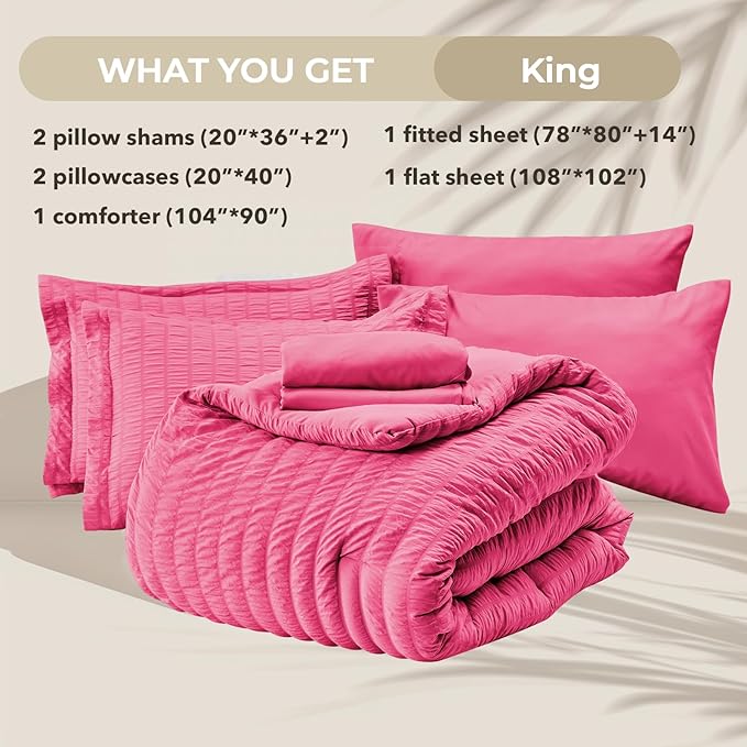 HYMOKEGE Hot Pink King Size Comforter Set Seersucker 7 Pieces, All Season - Image 6