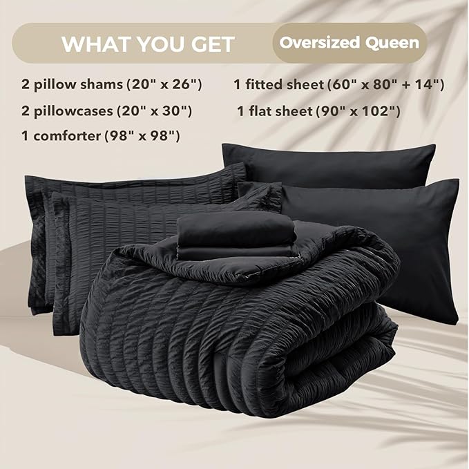 HYMOKEGE Black Oversized Queen Comforter Set Seersucker 7 Pieces, All Season - Image 5