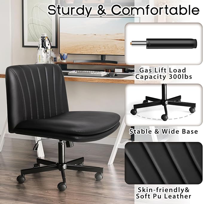 PUKAMI Criss Cross Chair with Wheels,PU Leather Armless Cross Legged Office Vanity Desk Chair for Home Office,Modern Swivel Height Adjustable Wide Seat(Black)