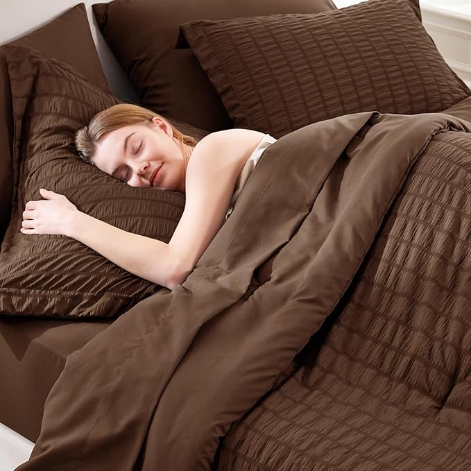 CozyLux Oversized King Comforter Set Brown Seersucker 7 Pieces 120x98 Bed in a - Image 5