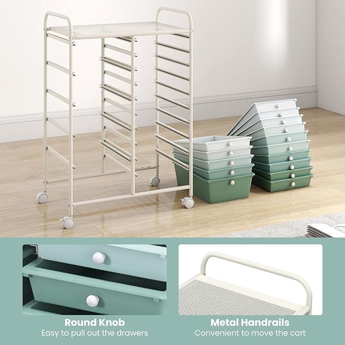 GOFLAME 15-Drawer Rolling Storage Cart, Craft Storage Cart with Removable Drawers & Lockable Wheels, Art Cart Supply Storage Organizer for Home Office Classroom, Green Gradient