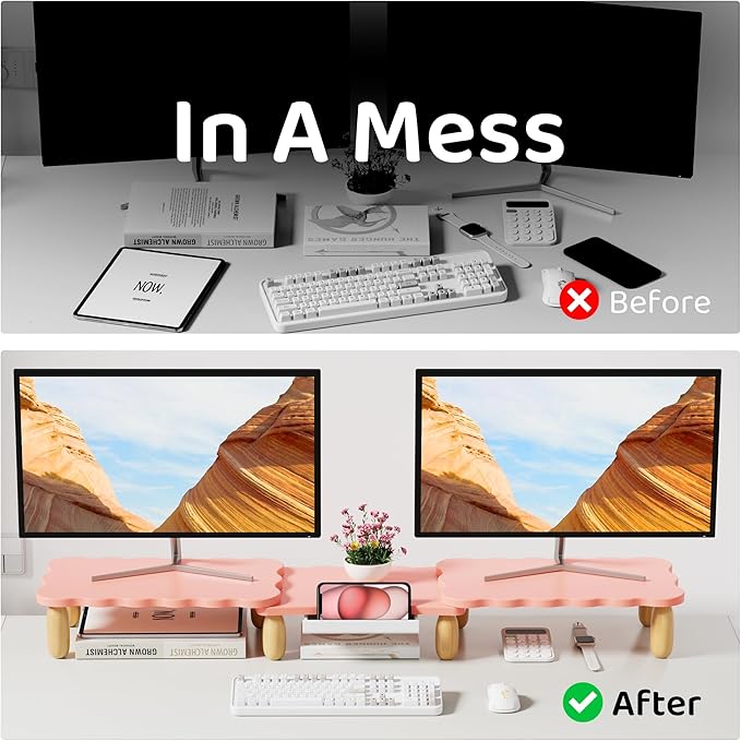 AFOOYO Dual Monitor Riser, Cookie-Shaped Adjustable Length & Swivel Angle, Wooden Desktop Organizer for 2 Monitors,Monitor Stand with Drawer for Laptop, PC, Computer, Printer,Pink