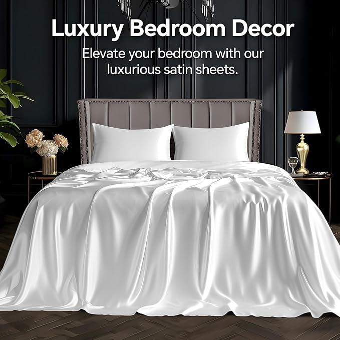 BEDELITE Satin Sheets Twin XL Size Bed Set, Luxury Soft White Silky Sheets - Image 2