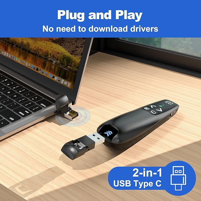 Rechargeable Presentation Clicker with Case, Power Digital Display Wireless Presenter Remote, USB C Green Light Pointer Computer PowerPoint PPT Clickers for Mac Laptop, Slideshow Google Slide Advancer