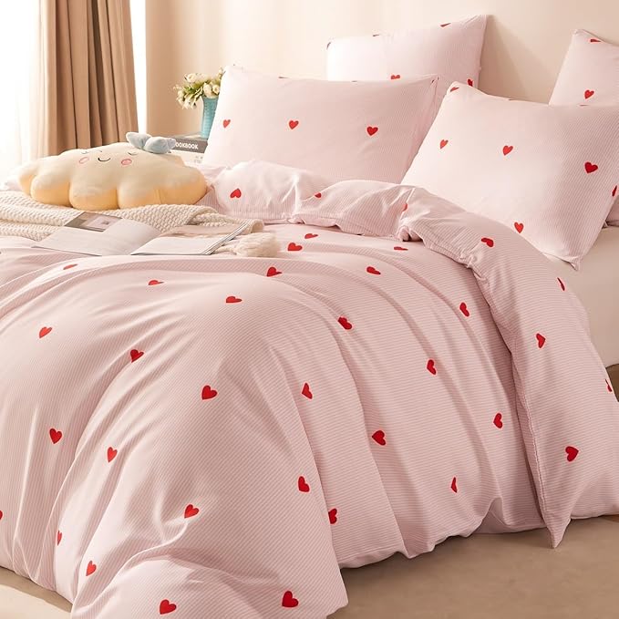 Nayoroom Heart Duvet Cover Queen Size Cute Pink Striped Printed Bedding Set - Image 4