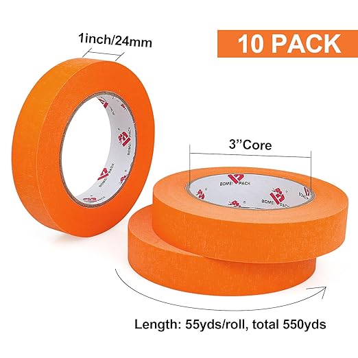 BOMEI PACK Orange Painters Tape 1 Inch - Paint Tape 10 Rolls x 1 Inch x 55 Yards - Painter's Tape Orange Masking Tape for Walls Painting, DIY Crafting, Decoration, and School Project, Total 550 Yards
