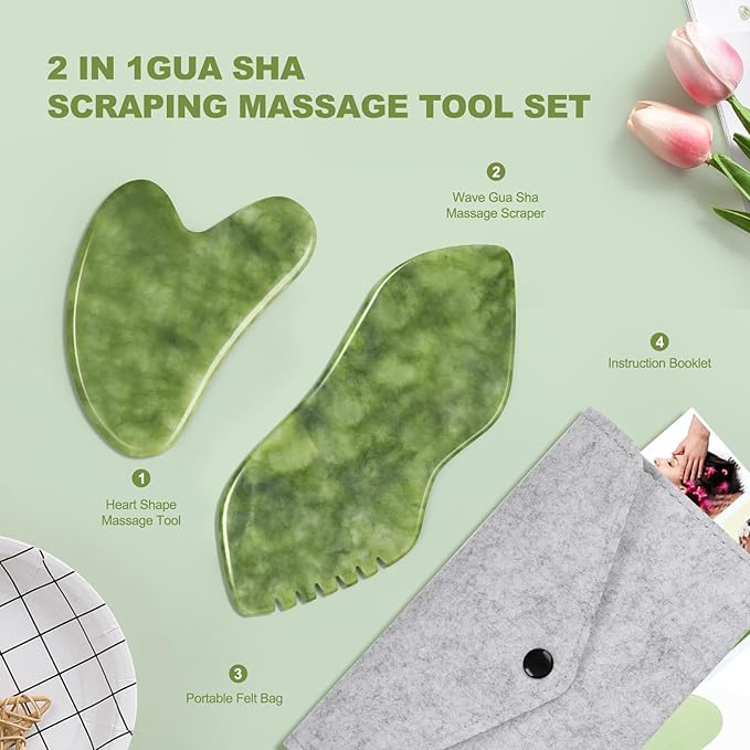 airogym 2PCS Jade Stone Gua Sha Set Face Massager Jade Facial Tools Body - Image 7