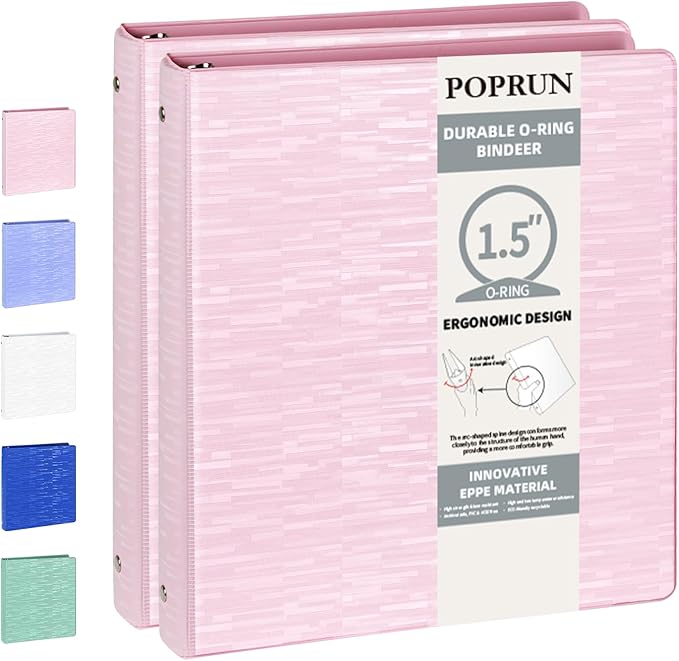 POPRUN 3 Ring Binder 1.5 Inch, PVC-Free, Holds 325 Sheets of 8.5 x 11 Paper, Extra Durable Organizer with 2 Pockets for School & Office, Heavy-Duty, 2 Pack, Pink
