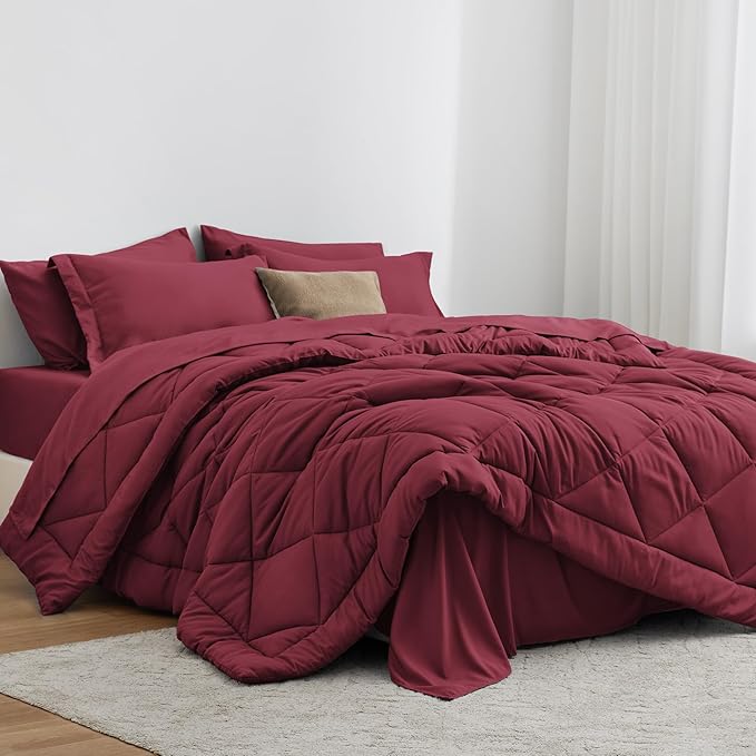 Love's cabin Twin Comforter Set Burgundy, 5 Pieces Twin Bed in a Bag, All by Lovescabin