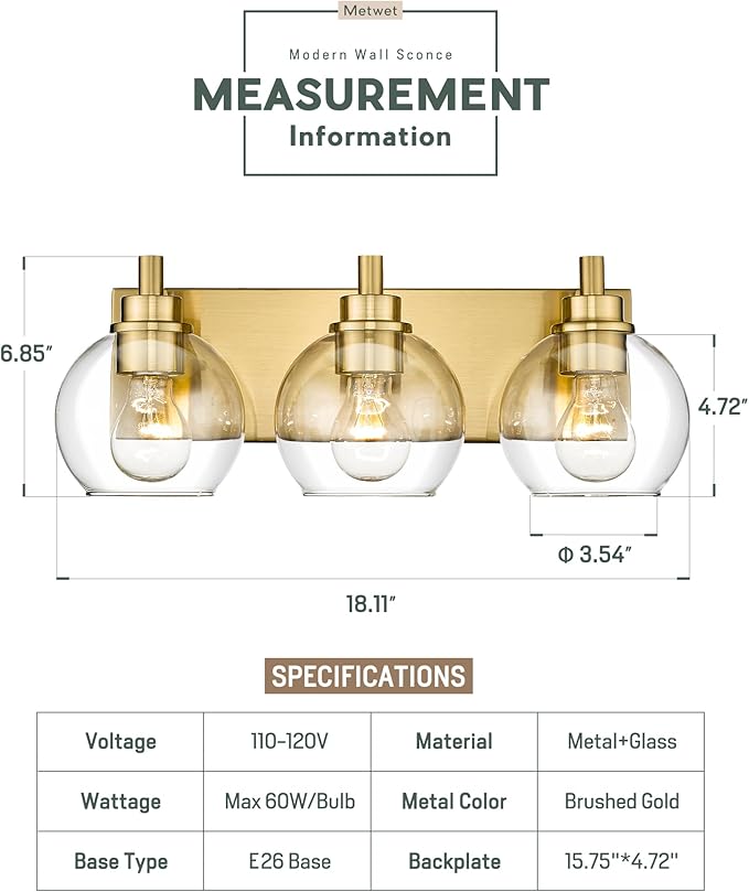 Bathroom Light Fixtures, 3-Light Brushed Gold Vanity Light, Modern Wall Sconces - Image 3