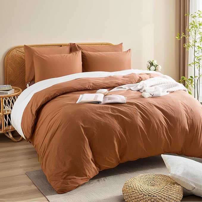 NEXHOME PRO Terracotta Burnt Orange Duvet Cover Set Kids Twin Size Linen Look - Image 4