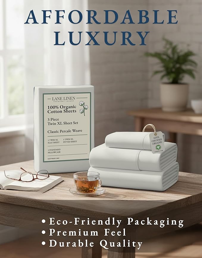LANE LINEN 100% Organic Cotton Twin XL Sheets Set 3-Piece Pure Percale Soft - Image 8