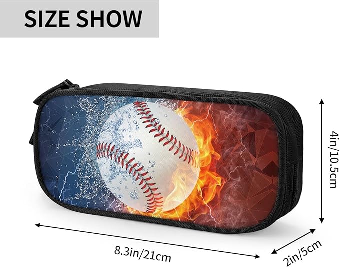 Baseball Pencil Box for Boys, Cool Sports Pencil Case with Water & Fire Background, Zipper Pouch Desk Organizer Travel Pen Box Stationery Organizer Bag Cosmetic Makeup Bag for Baseball Girls Lovers