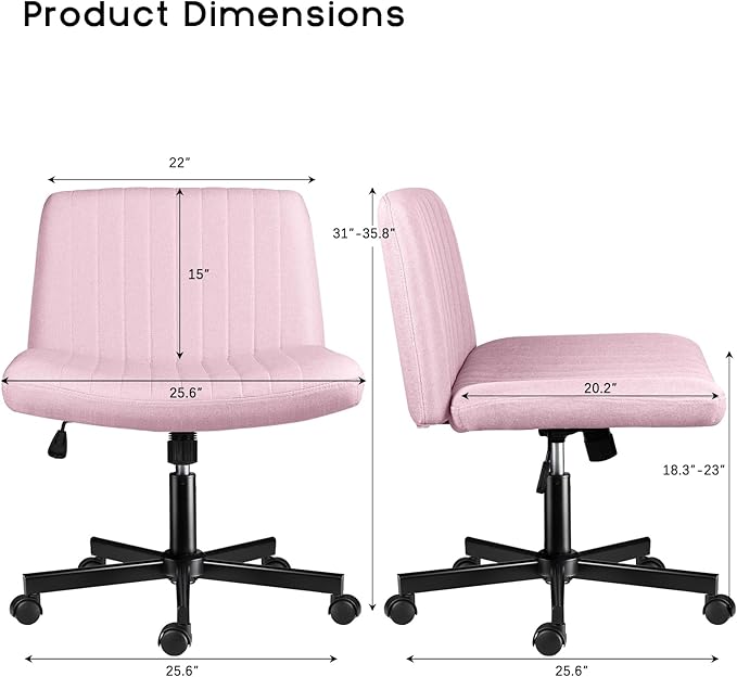 PUKAMI Criss Cross Chair with Wheels,Fabric Padded Armless Cross Legged Office Desk Chair for Home Office,Modern Swivel Height Adjustable Wide Seat Computer Task Vanity Chair(Pink)