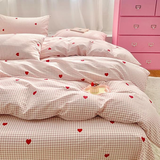 Nayoroom Gingham Duvet Cover Queen Size Pink Plaid Red Heart Printed on White - Image 7