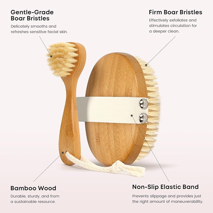 eaxun Bamboo Dry Brushing Body Brush Set, Natural Exfoliating Boar Bristle Face - Image 6