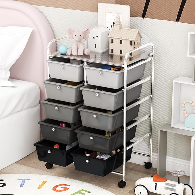 GOFLAME 10-Drawer Rolling Storage Cart, Art Craft Storage Organizer on Wheels, Multipurpose Movable Utility Cart for School, Office and Home, Black Gradient
