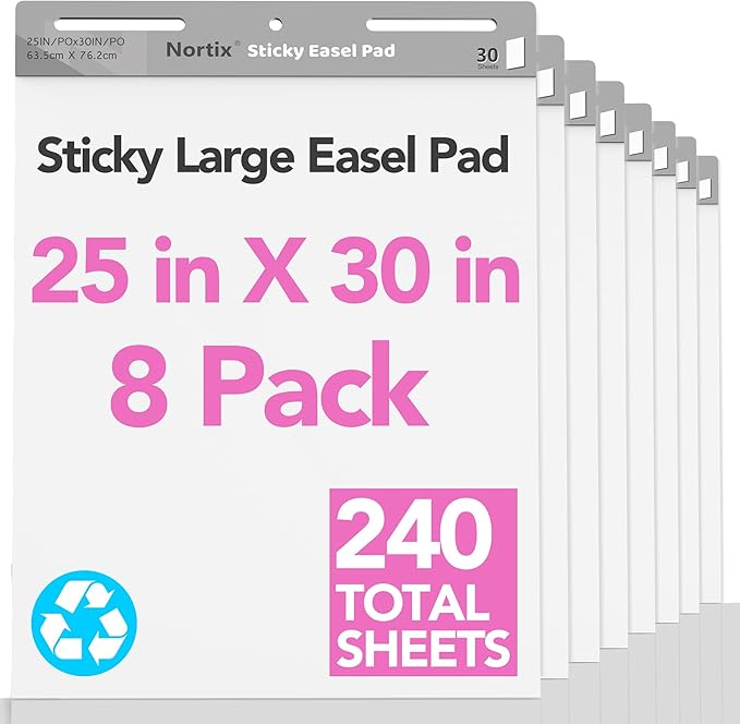Nortix Flip Chart Paper, Sticky Easel Pads, Chart Paper for Teachers,Super Adhesive & Bleed-Resistant, Large Self-Stick Easel Paper for Classroom/Office, 25 x 30 inch, 30 Sheets/Pad, 8 Pads