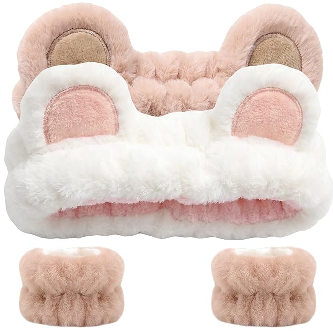 Bear Ears Headband, Cute Spa Headband and Wristband Set Washing Face Skincare by Waliah