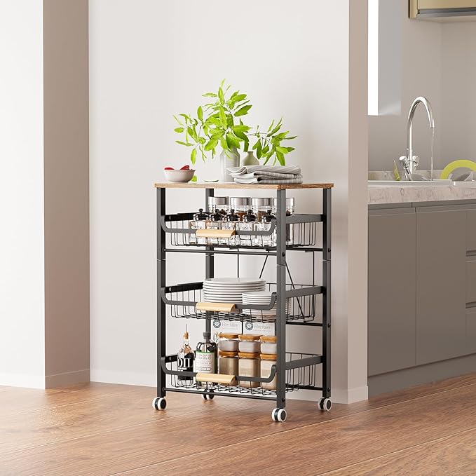 NiuYichee 4-Layer Fruit Basket Kitchen Food Organizer and Rack, Stackable Storage Cart with Desktop, Pull-Out Hollow Metal Basket, Sliding Out Storage (Black 4-Layer Rack)