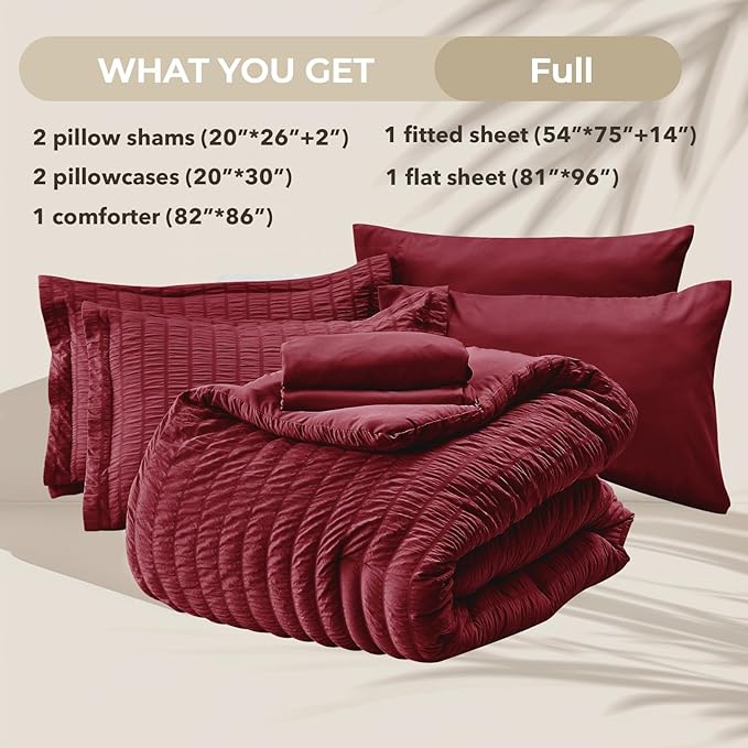 HYMOKEGE Burgundy Full Size Comforter Sets Seersucker 7 Pieces, All Season - Image 5