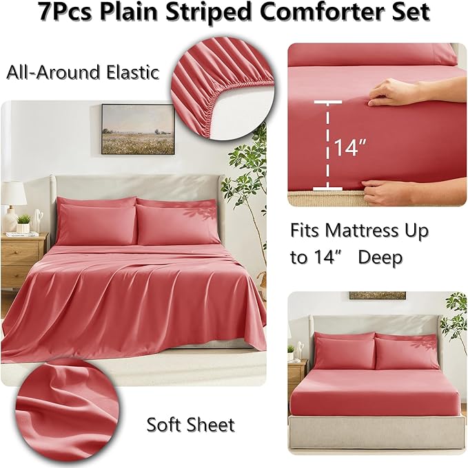 CozyLux King Size Comforter Set Coral, 7 Pieces Bed in a Bag, Coral Comforter - Image 5