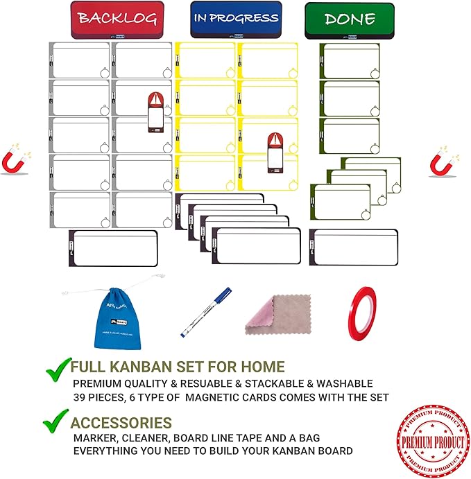 PMXBOARD Home Kanban Board Set – 39-Piece Scrum & Agile Magnetic Cards Kit | Complete Kanban Board for Home, Office & School | Reusable Task, Detail, Blocker & Headline Cards for Project Planning