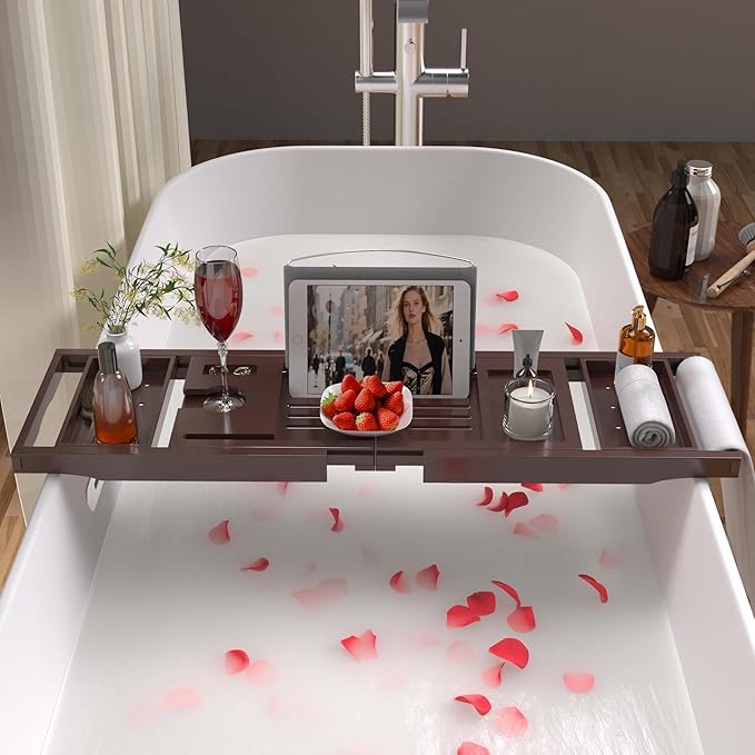 Bathtub Caddy Tray for Tub, Foldable Bath Table Trays, Bamboo Shelf - Image 2