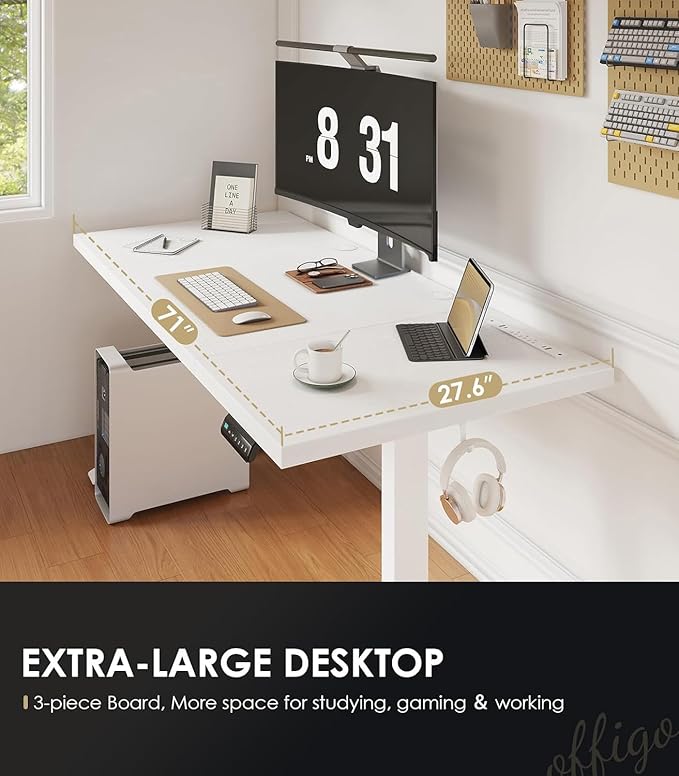 OffiGo 71 Inch Executive Electric Standing Desk, Height Adjustable Desk with Power Outlet & 1.38" Thick 3-Piece Desktop, Sit Stand Computer Desk for Home, Office, Conference Room, White