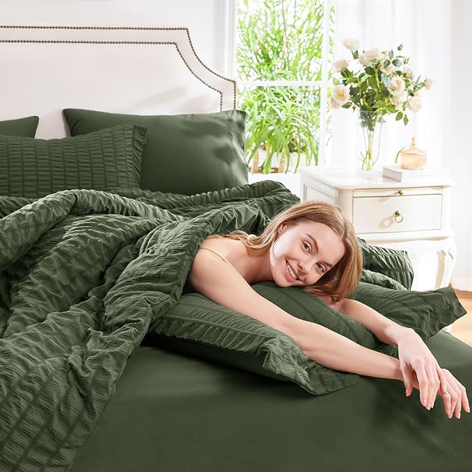 CozyLux Oversized King Comforter Set Olive Green Seersucker 7 Pieces Bed in a - Image 7