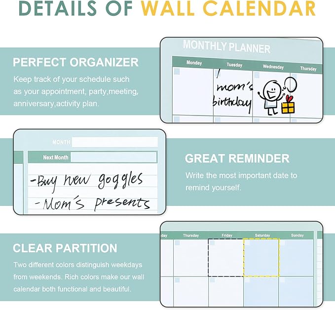 MAKELLO Dry Erase Calendar for Wall 24" x 18", White Board Calendar with Next Month for Office, Family, Kitchen and Bedroom