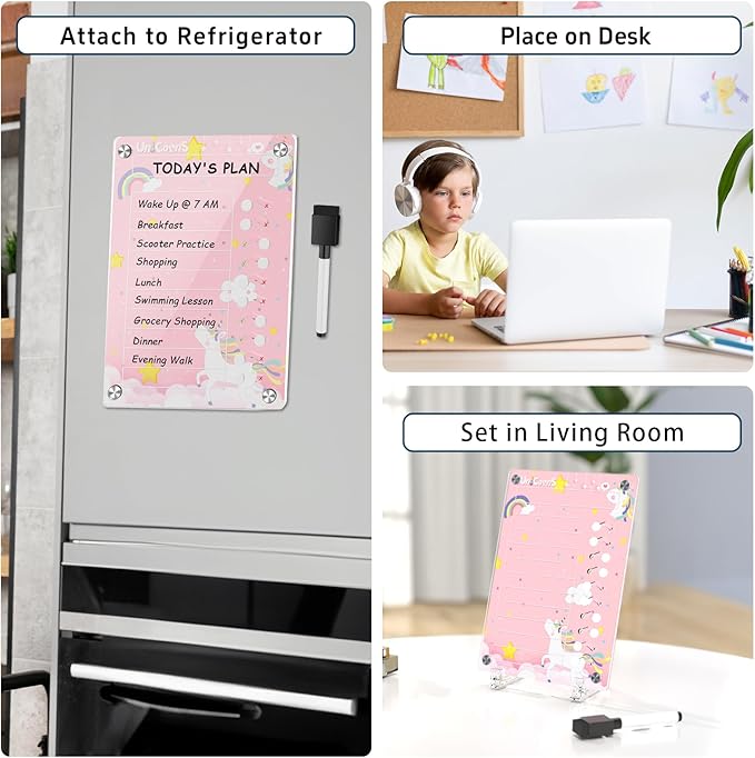 NiHome Acrylic Magnetic to Do List Planning Board with Sliders & Desktop Stand, Kids Chore Chart, Checklist Routine Chart Task Board for Fridge & Desk, for Magnetic Metal Surfaces Only (Pink Unicorn)