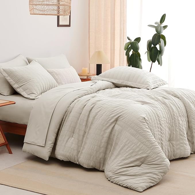 CozyLux Oversized King Comforter Set Beige Seersucker 7 Pieces 120x98 Bed in a - Image 9