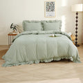 Silnuo Sage Green/White Plaid Ruffle Duvet Cover Twin Size, 100% Washed Cotton by Silnuo