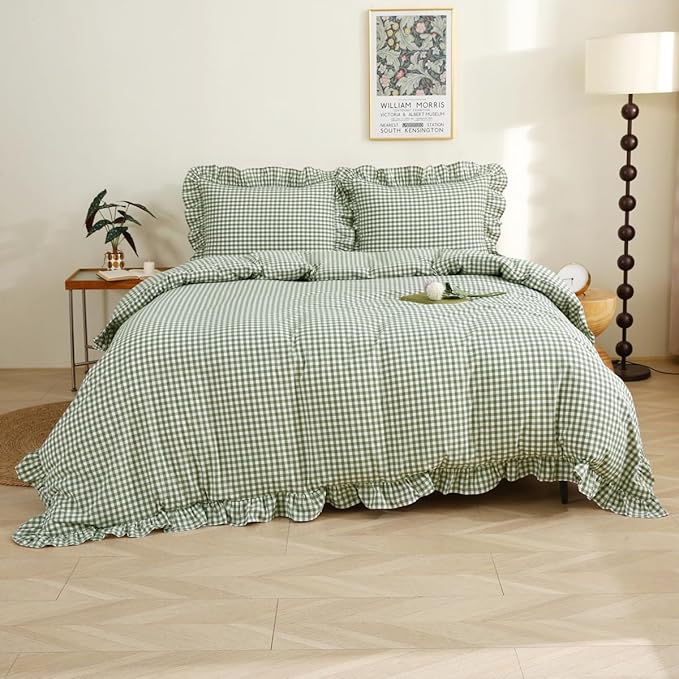 Silnuo Sage Green/White Plaid Ruffle Duvet Cover Full Size, 100% Washed Cotton by Silnuo