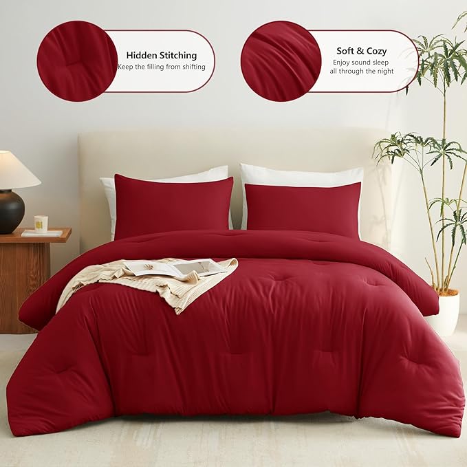 CozyLux Queen Comforter Set Dark Red, 3 Pieces Solid Comforters Queen Size - Image 2