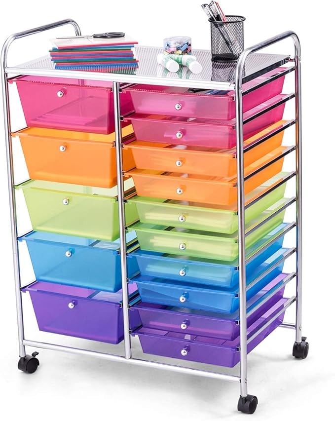 GOFLAME 15-Drawer Rolling Storage Cart, Craft Storage Cart with Removable Drawers & Lockable Wheels, Art Cart Supply Storage Organizer for Home Office Classroom, Rainbow