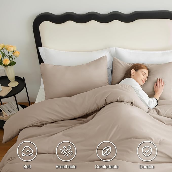 CozyLux Queen Comforter Set Wheat, 3 Pieces Solid Comforters Queen Size - Image 5