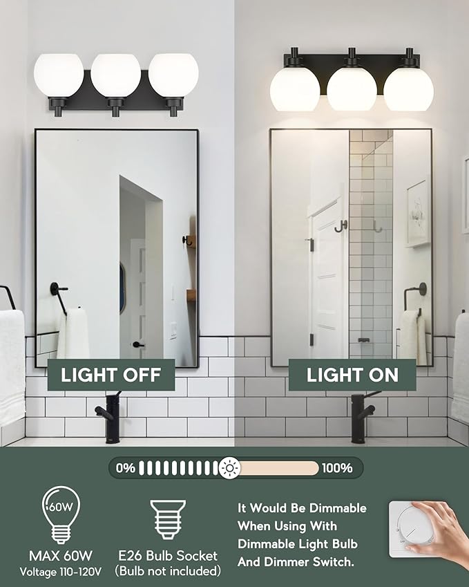 Bathroom Light Fixtures, 3-Light Matte Black Vanity Light, Modern Wall Sconces - Image 2