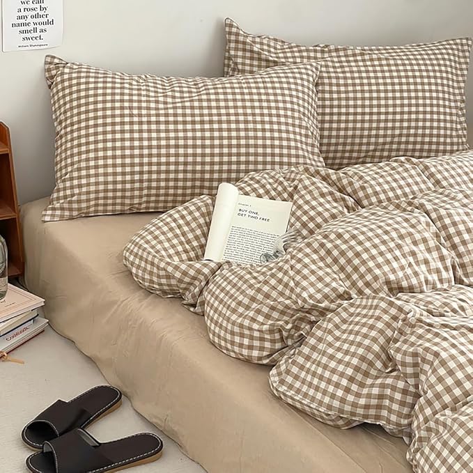 Nayoroom Brown Gingham Duvet Cover King Size Tan White Plaid Checkered Duvet - Image 6
