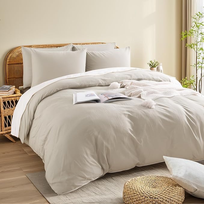 NEXHOME PRO 100% Washed Cotton Duvet Cover Queen Size, Ogranic Natural Linen - Image 4