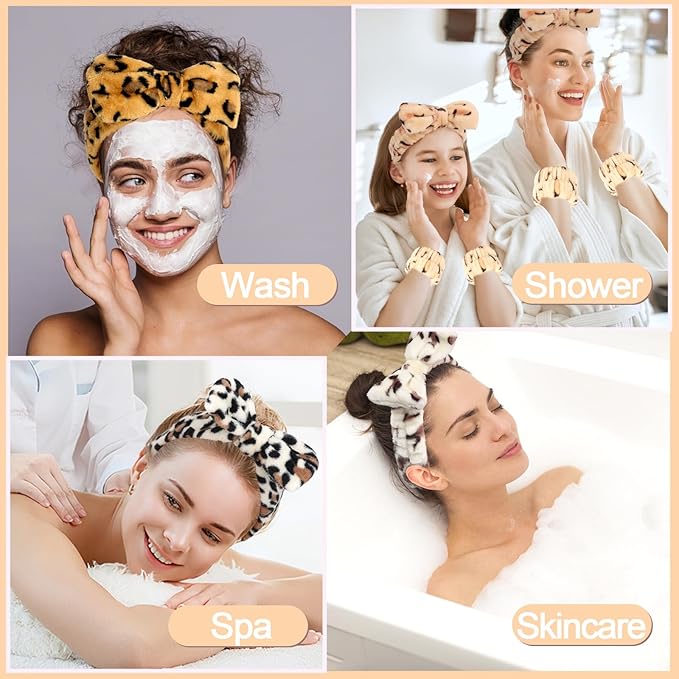 CAVETEE Spa Headband and Wristband Set, Spa & Makeup Fluffy Bow Headband - Image 3