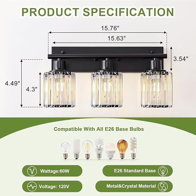 Vanity Light, 3-Light Modern Crystal Black Bathroom Light - Image 2
